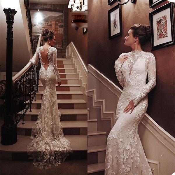 high neck mermaid wedding dresses long sleeves appliqued lace bridal gowns illusion sweep train custom made robes de mariée, White
high neck mermaid wedding dresses long sleeves appliqued lace bridal gowns illusion sweep train custom made robes de mariée, White
