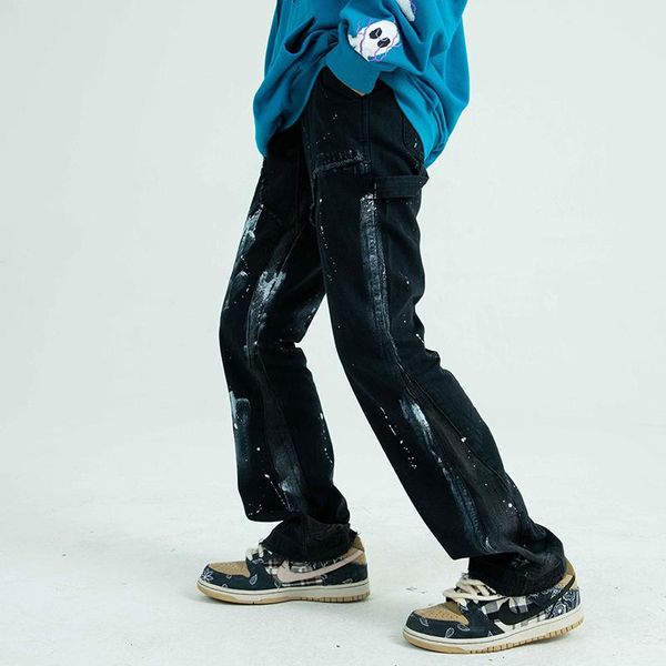 men's jeans high street retro spotted ink contrast color flared pants male wide leg plus size patchwork ripped denim trousers, Blue
men's jeans high street retro spotted ink contrast color flared pants male wide leg plus size patchwork ripped denim trousers, Blue