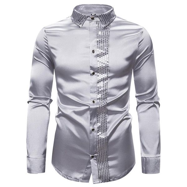 men's casual shirts shiny silver sequin glitter embellished slim fit shirt men 2021 brand mens dress wedding party male, White;black 
men's casual shirts shiny silver sequin glitter embellished slim fit shirt men 2021 brand mens dress wedding party male, White;black