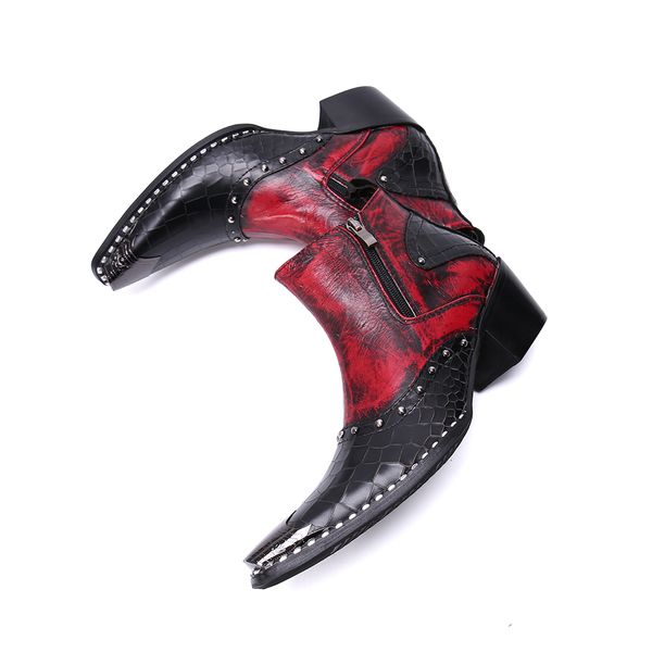 2020 men's genuine leather safety cowboy ankle rivets motorcycle raise height boots social shoes vzzt, Black
