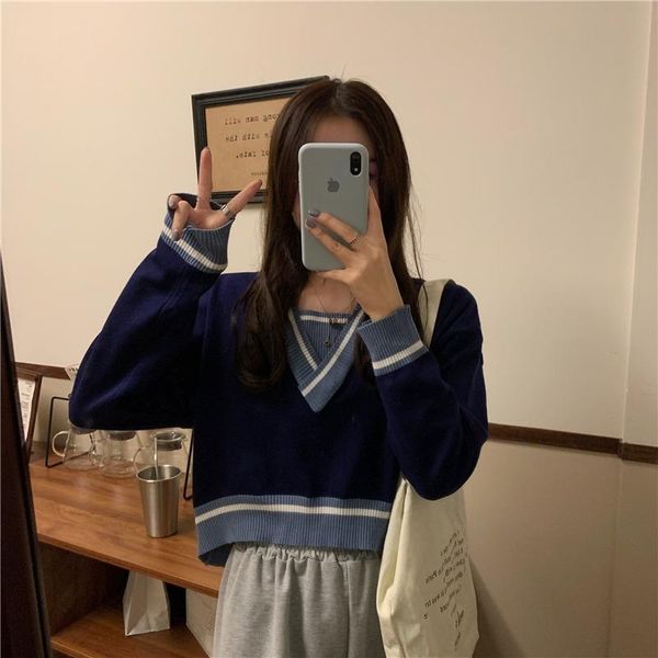 women's sweaters fall 2021 women clothing vintage long sleeve knitted v-neck pullovers crop loose autumn winter female fashion, White;black
women's sweaters fall 2021 women clothing vintage long sleeve knitted v-neck pullovers crop loose autumn winter female fashion, White;black