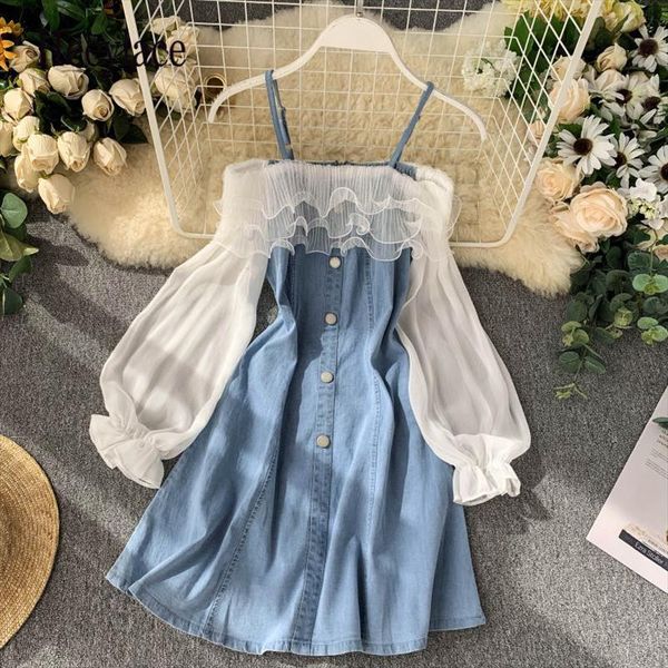 women off shoulder dress for women denim and mesh patchwork short ruffles dresses robe ete femme 2020 sukienki damskie jurk, Black;gray
women off shoulder dress for women denim and mesh patchwork short ruffles dresses robe ete femme 2020 sukienki damskie jurk, Black;gray