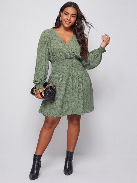 plus all over print shirred waist a-line dress v8xm#, Black