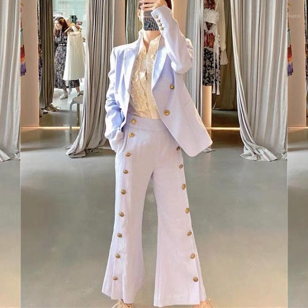 women gold crested buttons jacket linen tuxedo blazer and periwinkle croppped pant linen pants1, White
women gold crested buttons jacket linen tuxedo blazer and periwinkle croppped pant linen pants1, White
