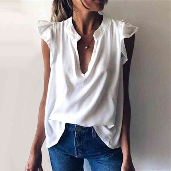 women blouse fashion solid color v neck short ruffled sleeve loose shirt woman blouse and top, White
women blouse fashion solid color v neck short ruffled sleeve loose shirt woman blouse and top, White