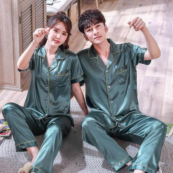 women's sleepwear couple embroidery ice silk pajamas set turn-down collar short-sleeved and trousers casual wear printed home service s, Black;red
women's sleepwear couple embroidery ice silk pajamas set turn-down collar short-sleeved and trousers casual wear printed home service s, Black;red