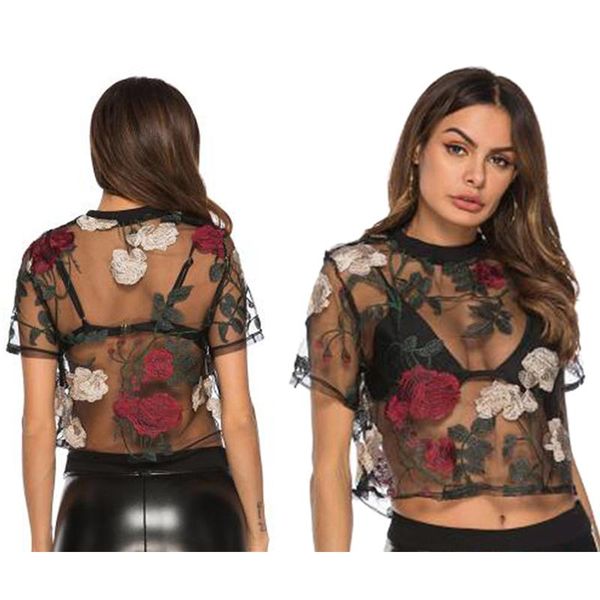women flower embroidered blouses summer mesh shirts ladies black transparent clothing, White
women flower embroidered blouses summer mesh shirts ladies black transparent clothing, White