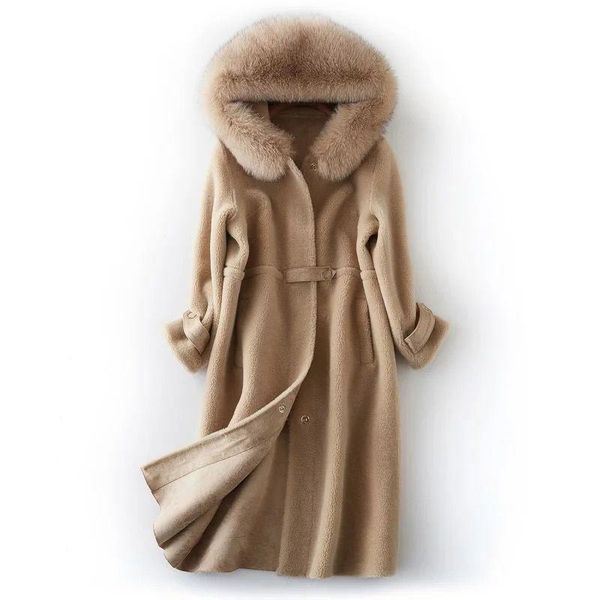 women winter 100% real sheep fur coat long sheep shearling overcoat with genuine fox fur collar hooded natural wool jacket n109x1019, Black
women winter 100% real sheep fur coat long sheep shearling overcoat with genuine fox fur collar hooded natural wool jacket n109x1019, Black