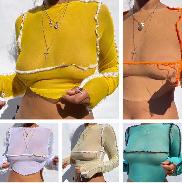 2020 autumn and winter new women's round neck long sleeve contrast color stitching perspective mesh slim t-shirt for women, White
2020 autumn and winter new women's round neck long sleeve contrast color stitching perspective mesh slim t-shirt for women, White