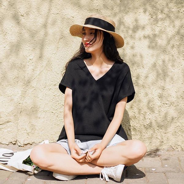 johnature women casual v-neck t-shirts solid color short sleeve 2020 new summer loose patchwork female cotton soft t-shirts1, White 
johnature women casual v-neck t-shirts solid color short sleeve 2020 new summer loose patchwork female cotton soft t-shirts1, White