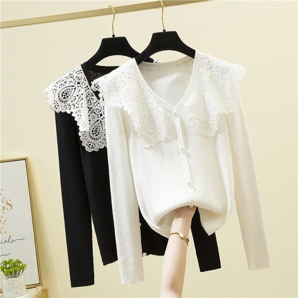 women's sweaters white turn-down collar knitted sweater women lace patchwork sweet korean style autumn long sleeve pullovers 2021, White;black
women's sweaters white turn-down collar knitted sweater women lace patchwork sweet korean style autumn long sleeve pullovers 2021, White;black