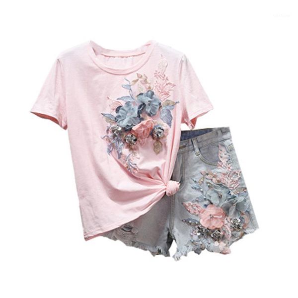 women's two piece pants fashion suit female summer three-dimensional flower loose short-sleeved t-shirt with washed denim shorts two-pi, White
women's two piece pants fashion suit female summer three-dimensional flower loose short-sleeved t-shirt with washed denim shorts two-pi, White