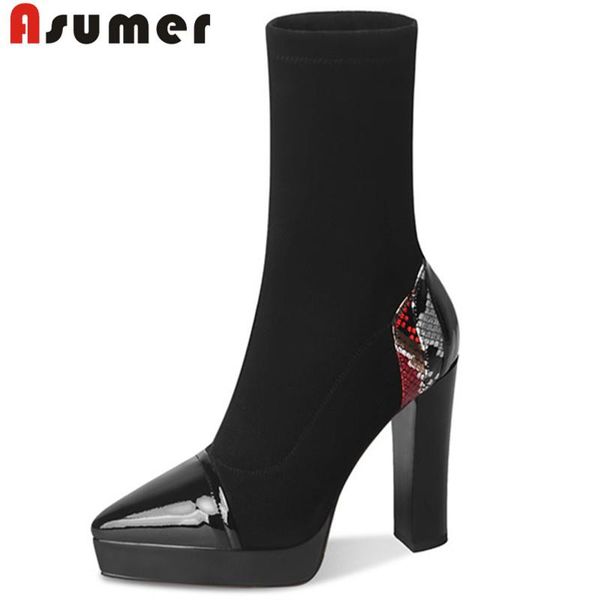 asumer 2020 quality stretch sock boots women patent leather pointed toe snake super high heel platform shoes woman ankle boots, Black 
asumer 2020 quality stretch sock boots women patent leather pointed toe snake super high heel platform shoes woman ankle boots, Black
