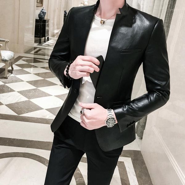 solid black slim fit blazer hombre pu leather jacket men one button stand collar business casual blazers men korean suit coat1, White;black
solid black slim fit blazer hombre pu leather jacket men one button stand collar business casual blazers men korean suit coat1, White;black