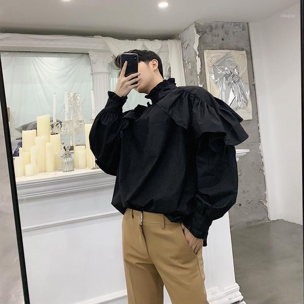 black long sleeve casual shirt men streetwear hip hop punk gothic shirt two wear lotus leaf shoulder loose party stage dress b701, White;black
black long sleeve casual shirt men streetwear hip hop punk gothic shirt two wear lotus leaf shoulder loose party stage dress b701, White;black