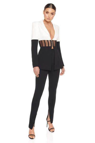 deive teger new chic women's suits black and white waist mesh satin jacket with pants ol style vestidos 8378 q1215, White;black
deive teger new chic women's suits black and white waist mesh satin jacket with pants ol style vestidos 8378 q1215, White;black