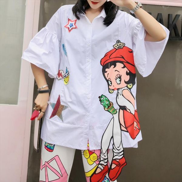 2021 summer new thailand tide brand womens flare sleeve 3d cartoon sequin patched shirt casual short sleeve loose blouses, White
2021 summer new thailand tide brand womens flare sleeve 3d cartoon sequin patched shirt casual short sleeve loose blouses, White