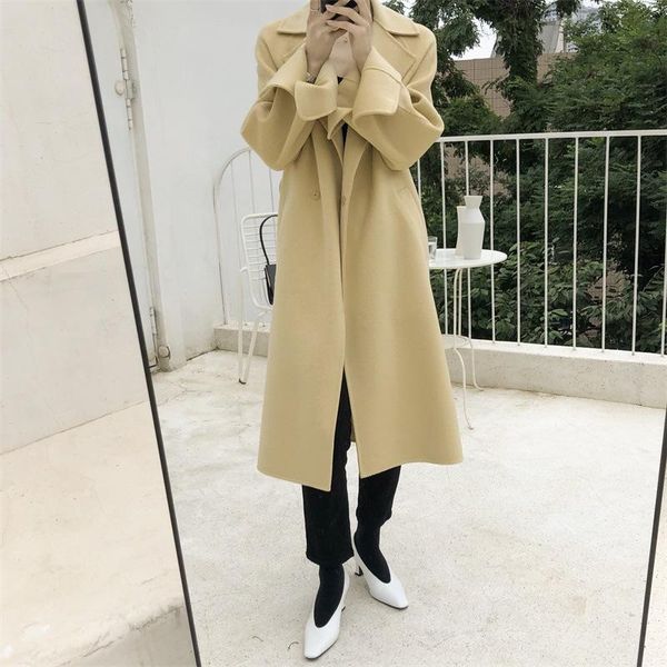 korea winter double sided cashmere jacket overcoat 2020 women loose and simple lacing belt plus size handmade long wool coat, Black 
korea winter double sided cashmere jacket overcoat 2020 women loose and simple lacing belt plus size handmade long wool coat, Black