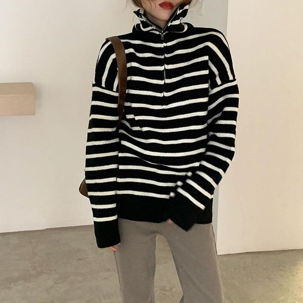 women's sweaters 2021 autumn winter women sweater zipper lapel pullovers knitted striped print korean elegant wild ladies jumpers, White;black
women's sweaters 2021 autumn winter women sweater zipper lapel pullovers knitted striped print korean elegant wild ladies jumpers, White;black