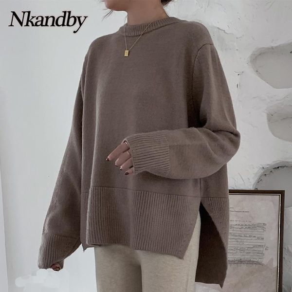 nkandby split back hem women`s pullover sweaters 2020 autumn winter fashion minimalist loose jumper oversize femme knit, White;black 
nkandby split back hem women`s pullover sweaters 2020 autumn winter fashion minimalist loose jumper oversize femme knit, White;black
