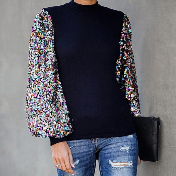 women's t-shirt autumn women t shirt fashion clothing ladies half high neck sequin stitching lantern sleeve long female, White
women's t-shirt autumn women t shirt fashion clothing ladies half high neck sequin stitching lantern sleeve long female, White