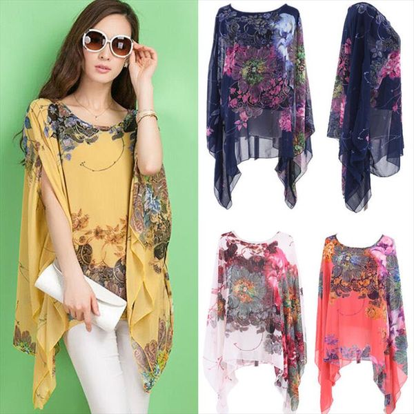 women summer irregular blouses floral bat wing sleeve chiffon loose casual o neck now, White
women summer irregular blouses floral bat wing sleeve chiffon loose casual o neck now, White