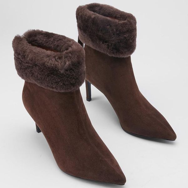women's natural suede leather wool patchwork elegant ladies thin high heel pointed toe winter warm plush short ankle boots shoes, Black
women's natural suede leather wool patchwork elegant ladies thin high heel pointed toe winter warm plush short ankle boots shoes, Black