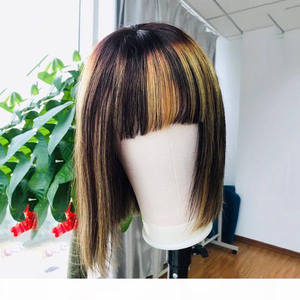 ombre highlight color short bob wig human hair wigs fringe wig with bangs for women brazilian remy hair 4x4 lace closure, Black;brown 
ombre highlight color short bob wig human hair wigs fringe wig with bangs for women brazilian remy hair 4x4 lace closure, Black;brown