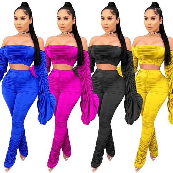women two-piece sets flare sleeve off shoulder crop ruched long pants solid color ladies slim clubwear plus size1, Gray
women two-piece sets flare sleeve off shoulder crop ruched long pants solid color ladies slim clubwear plus size1, Gray