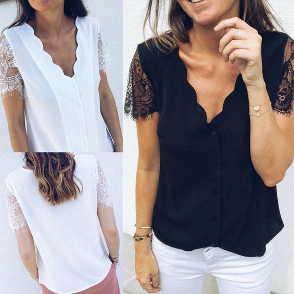 womens chiffon lace short sleeve casual t-shirt ladies summer loose, White