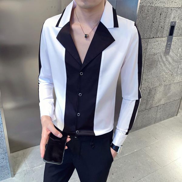 men's dress shirts black white splicing shirt for men flower party luxury contrast print wedding 2021 camisa social masculina, White;black
men's dress shirts black white splicing shirt for men flower party luxury contrast print wedding 2021 camisa social masculina, White;black