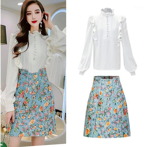 women long lantern sleeve ruffles blouses and vintage floral printed a-line skirts clothing set spring 2pcs suit ns2981, White 
women long lantern sleeve ruffles blouses and vintage floral printed a-line skirts clothing set spring 2pcs suit ns2981, White