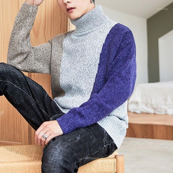turtleneck sweaters men stitching color simple all-match loose harajuku chic korean mens clothing knitting pullover1, White;black 
turtleneck sweaters men stitching color simple all-match loose harajuku chic korean mens clothing knitting pullover1, White;black