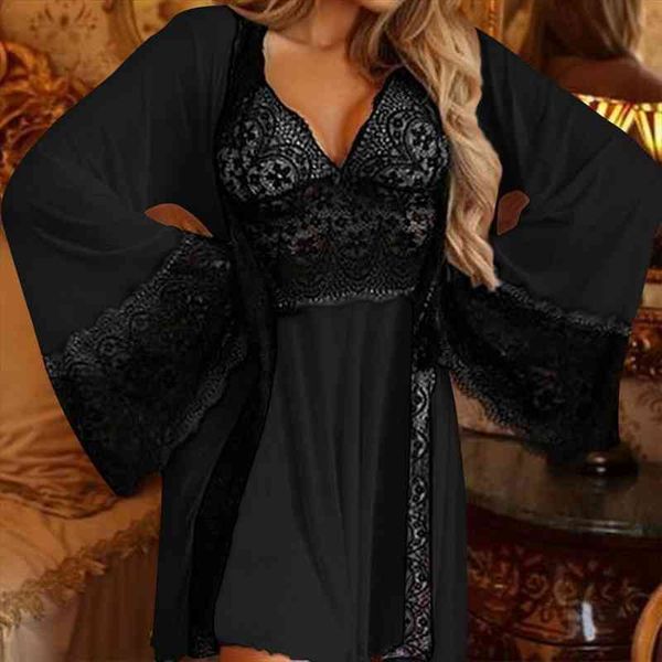 womens lace splicing pajamas three-piece fashion cardigan flare sleeve coat strap v-neck backless dress suit, Black;red
womens lace splicing pajamas three-piece fashion cardigan flare sleeve coat strap v-neck backless dress suit, Black;red