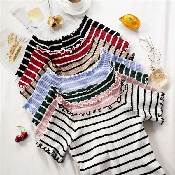 tees women stripes flounce hem knitted t-shirts 2020 summer tees off shoulder cute t-shirts women drop shipping, White
tees women stripes flounce hem knitted t-shirts 2020 summer tees off shoulder cute t-shirts women drop shipping, White