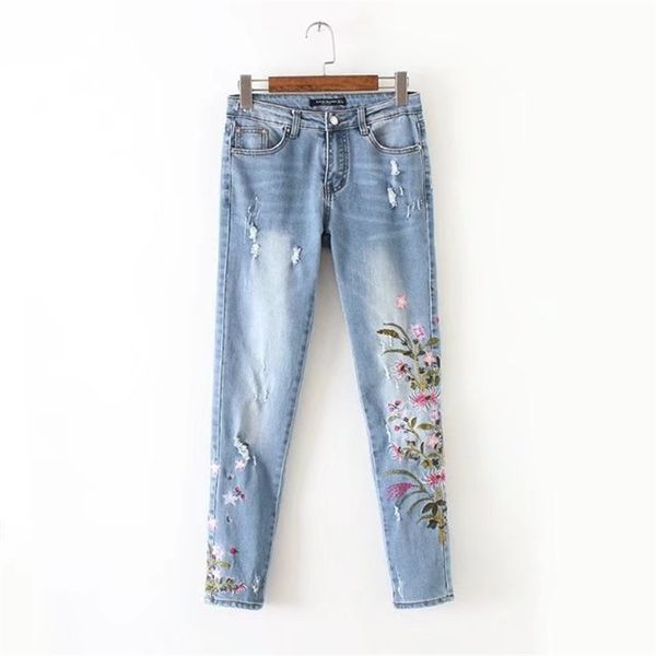 european and american fashion flower embroidery high waist worn hole small feet jeans women's trousers al848, Blue
european and american fashion flower embroidery high waist worn hole small feet jeans women's trousers al848, Blue