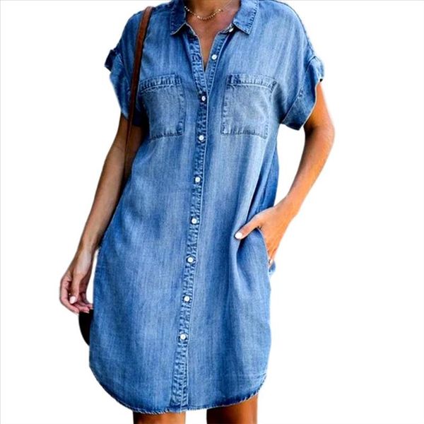 summer woman women dress short sleeve pockets single breasted irregular hem knee length denim dresses party beach street work, Black;gray
summer woman women dress short sleeve pockets single breasted irregular hem knee length denim dresses party beach street work, Black;gray