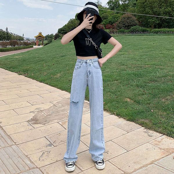 new women's jeans fabric summer high waist hole draping light blue wide leg floor pants with extended version 
new women's jeans fabric summer high waist hole draping light blue wide leg floor pants with extended version