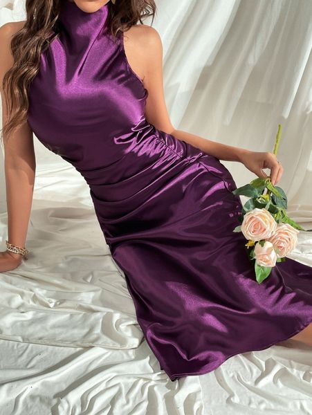 zip back ruched sleeveless satin dress t76h#, Black;gray
zip back ruched sleeveless satin dress t76h#, Black;gray