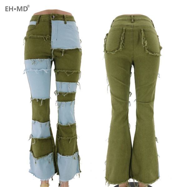 eh·md® two-color patchwork jeans women's flared pants stretch high waist comfortable cotton covered buttocks worn and scratched y1214, Blue
eh·md® two-color patchwork jeans women's flared pants stretch high waist comfortable cotton covered buttocks worn and scratched y1214, Blue