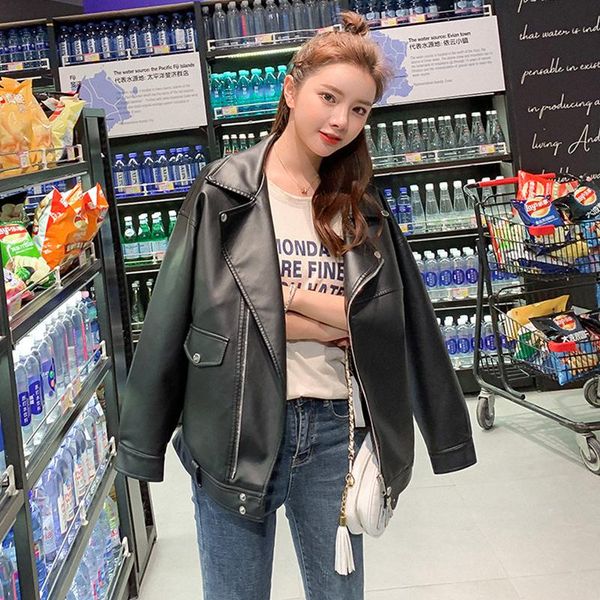 women's leather & faux loose motorcycle jackets for women autumn winter turn down collar solid plus size biker streetwear coats, Black
women's leather & faux loose motorcycle jackets for women autumn winter turn down collar solid plus size biker streetwear coats, Black