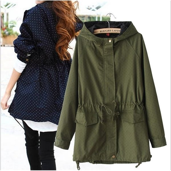 european style spring autumn women polka dots drawstring hooded trench, female fashion plus size loose casual windbreaker coat 201031, Tan;black
european style spring autumn women polka dots drawstring hooded trench, female fashion plus size loose casual windbreaker coat 201031, Tan;black