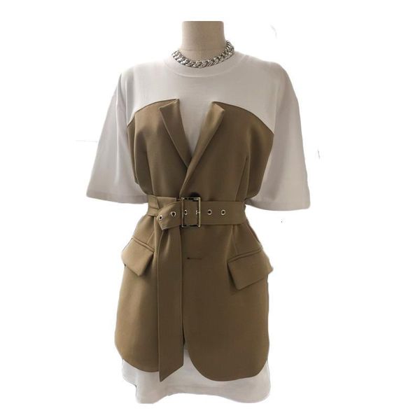 2020 round neck hit color patchwork short sleeve t-shirt female summer fashion new loose korean with belt yj253, White
2020 round neck hit color patchwork short sleeve t-shirt female summer fashion new loose korean with belt yj253, White