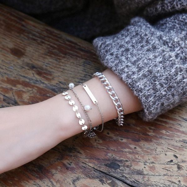 link, chain 4pcs/set bracelets pearl geometric sequin simple design multilayer bracelet set gift for women metal jewelry, Black
link, chain 4pcs/set bracelets pearl geometric sequin simple design multilayer bracelet set gift for women metal jewelry, Black