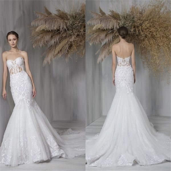sweetheart mermaid wedding dresses chic appliqued lace boho beach ruched bridal gown ruffles sweep train vestidos de novia, White 
sweetheart mermaid wedding dresses chic appliqued lace boho beach ruched bridal gown ruffles sweep train vestidos de novia, White