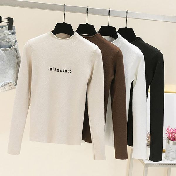 high elasticity embroidery letter half turtleneck new women sweater knitted slime clothes long sleeve 2021 spring pull femme, White;black
high elasticity embroidery letter half turtleneck new women sweater knitted slime clothes long sleeve 2021 spring pull femme, White;black