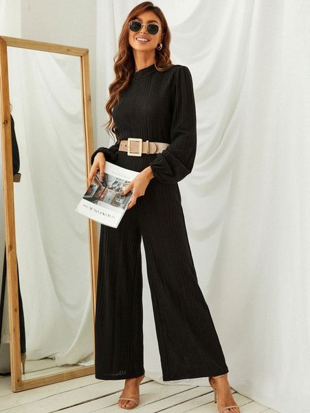 mock neck lantern sleeve wide leg jumpsuit without belt 86js#, White