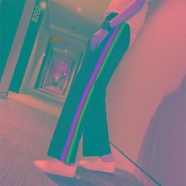 men's pants europe and the united states fashion rainbow stripe wide leg high waist casual trend, Black
men's pants europe and the united states fashion rainbow stripe wide leg high waist casual trend, Black