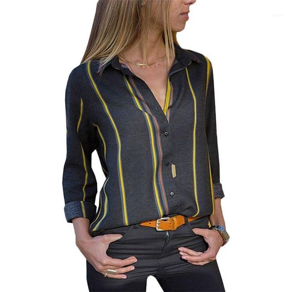 women casual long sleeve daily lapel button loose female casual turkish color strip blouse plus size1, White 
women casual long sleeve daily lapel button loose female casual turkish color strip blouse plus size1, White