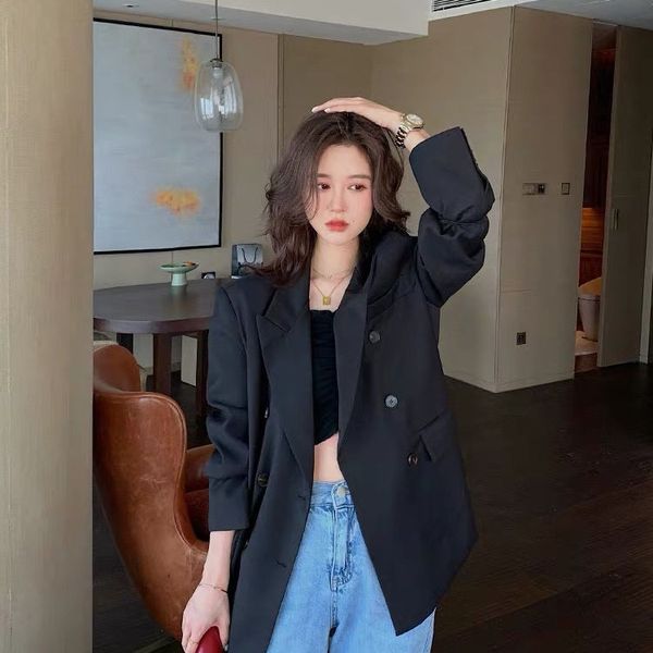 women spring double breasted blazers vintage notched female jackets casual street office lady pockets outwears, White;black
women spring double breasted blazers vintage notched female jackets casual street office lady pockets outwears, White;black